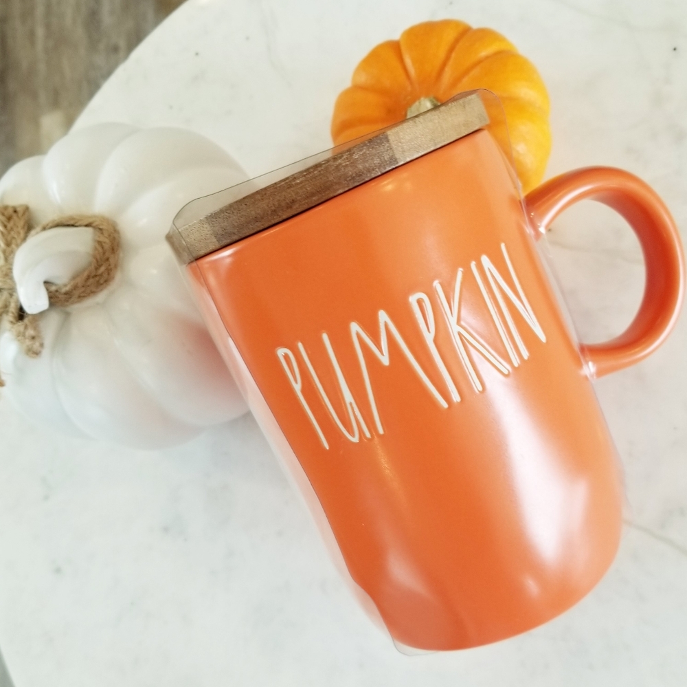 Rae Dunn Orange Pumpkin Fall Holiday Mug Coffee Cup Wood Lid with Leaf NWT - Picture 3 of 9